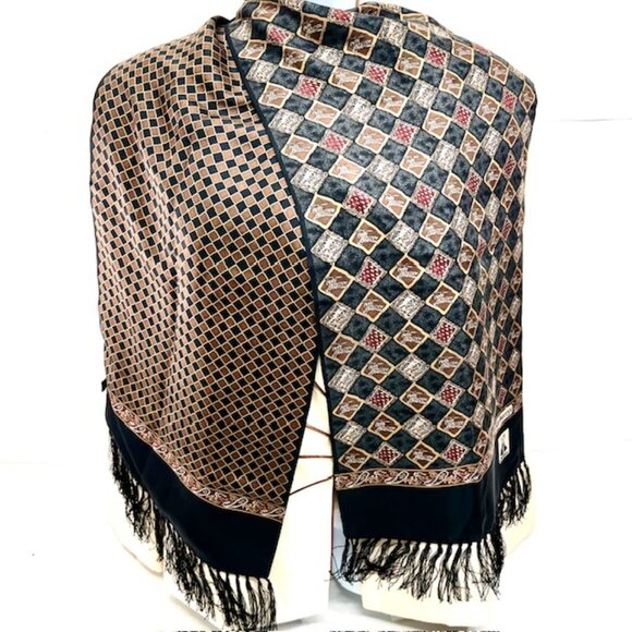2 Ways Burberrys 100% Silk Satin Scarf 60"x13" Brown black Check Art Fring (1 - Picture 15 of 16